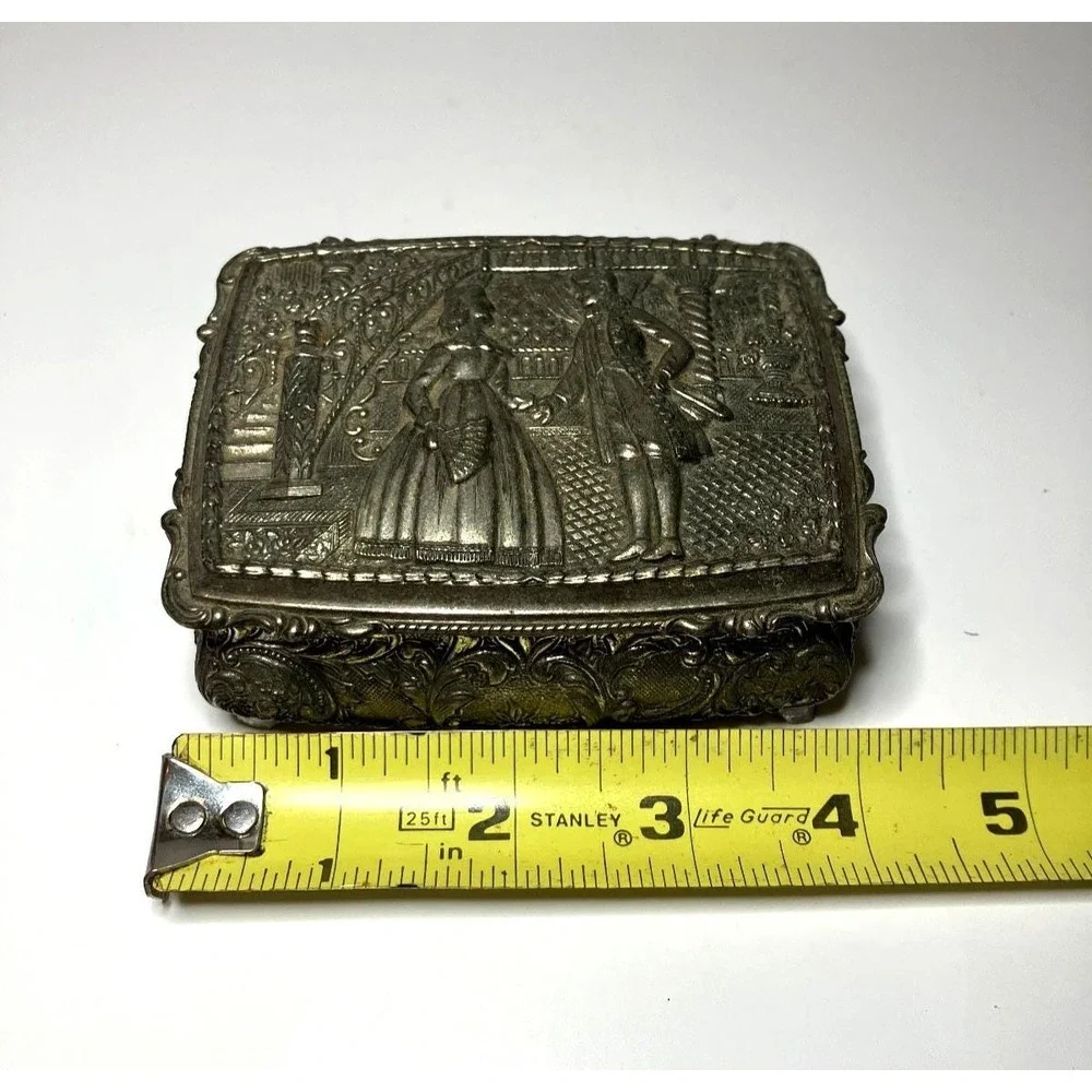 Vintage Japan Ornate Silver Tone Jewelry Trinket Box Victorian Courting Velvet